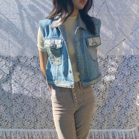 Vintage Biker Rockabilly Denim Pleather Vest. - Picture 7 of 12